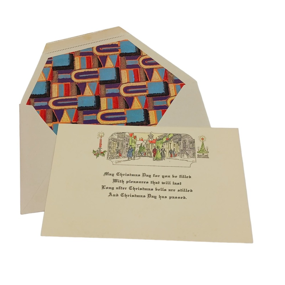 Antique Unused Christmas Greeting Card Victorian Town Street Scene Hand Colored